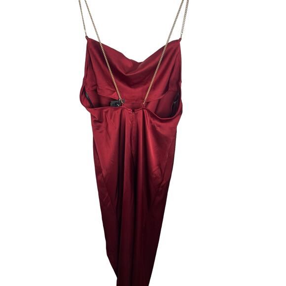 NBD Alessi Gown Satin Ruched Cowl Neck Chain Straps Side Slit Burgundy Size XS - Picture 8 of 13